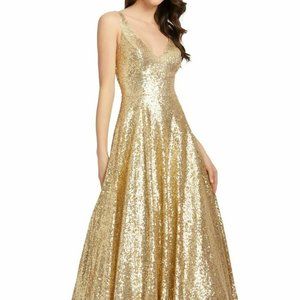 Mac Duggal Gold Sequin V-Neck Gown